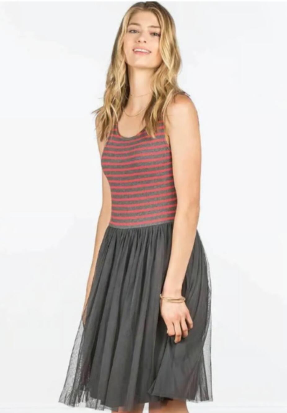 MATILDA JANE Gray Red Striped Tulle Skirt Fit & Flare Dress  // M